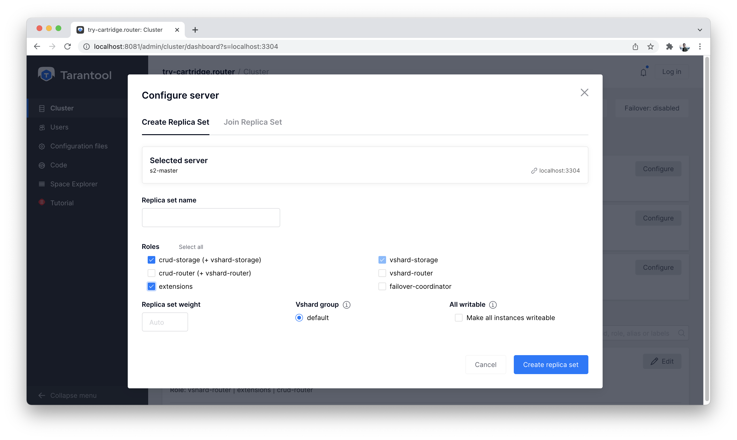 Cluster, new shard configuration screen